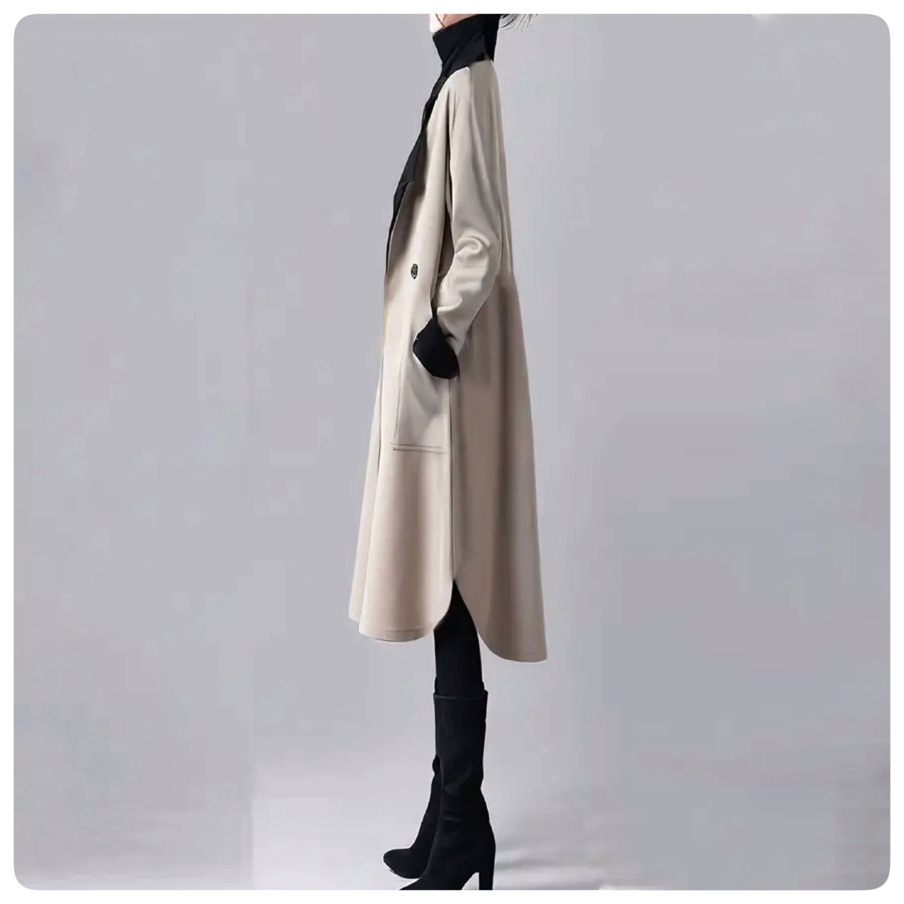 Port neck trench coat beige/black double breasted M size by Harumam shops
